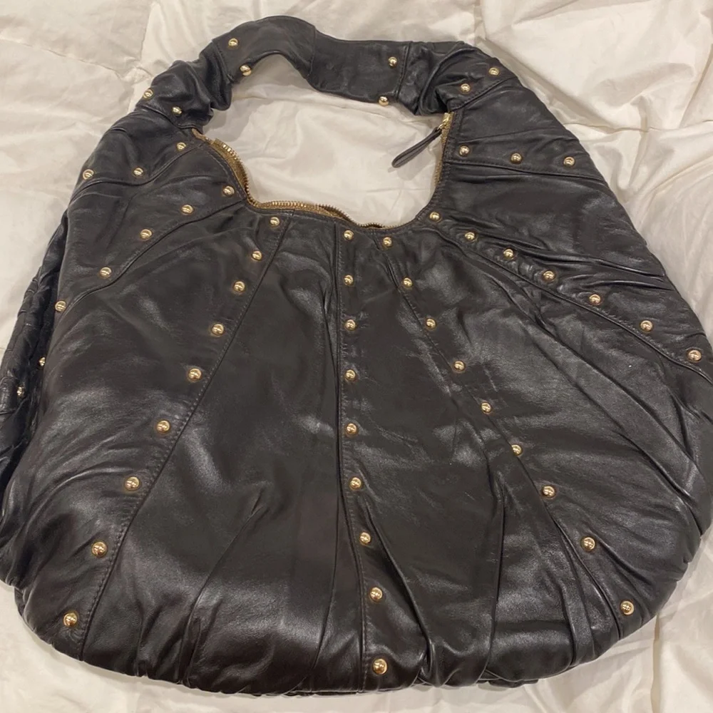 GOLDENBLEU black leather purse semi circular bag with gold tone studs all over